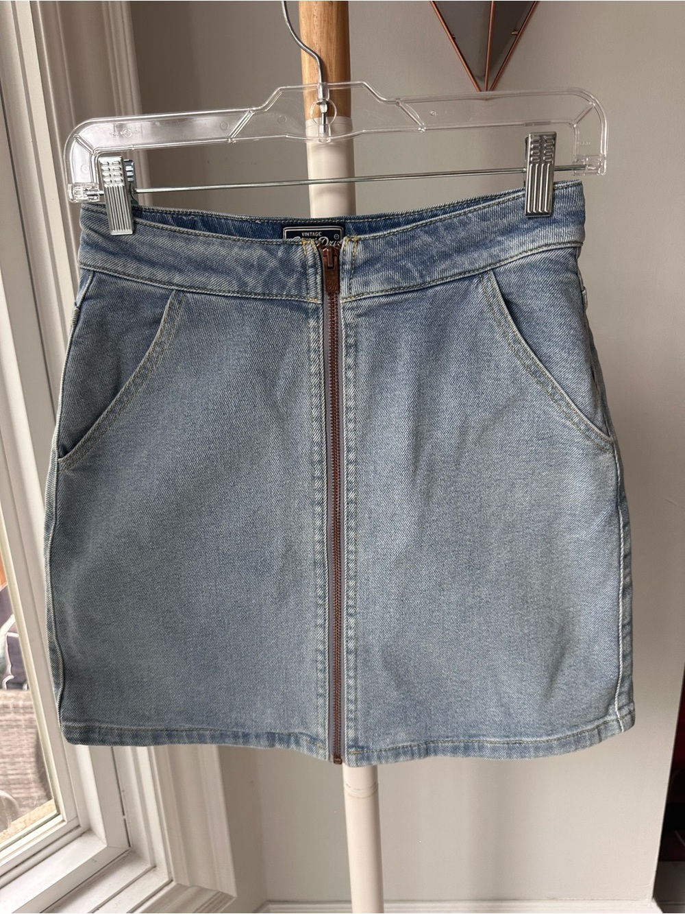 SUPERDRY Light Wash Blue Jean Denim Zip-Front Mini Skirt Classic A-Line Size 26